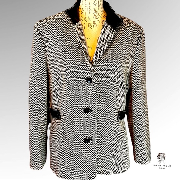 Talbots Jackets & Blazers - EUC Talbots Black & White Herringbone, Wool Tweed w/ Leather Blazer, Size 14